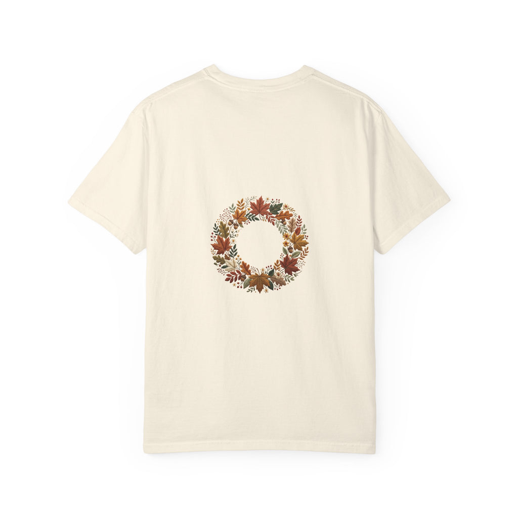 T-Shirt — Autumn Floral Wreath Tee (Fall Leaves Chest & Back Print)