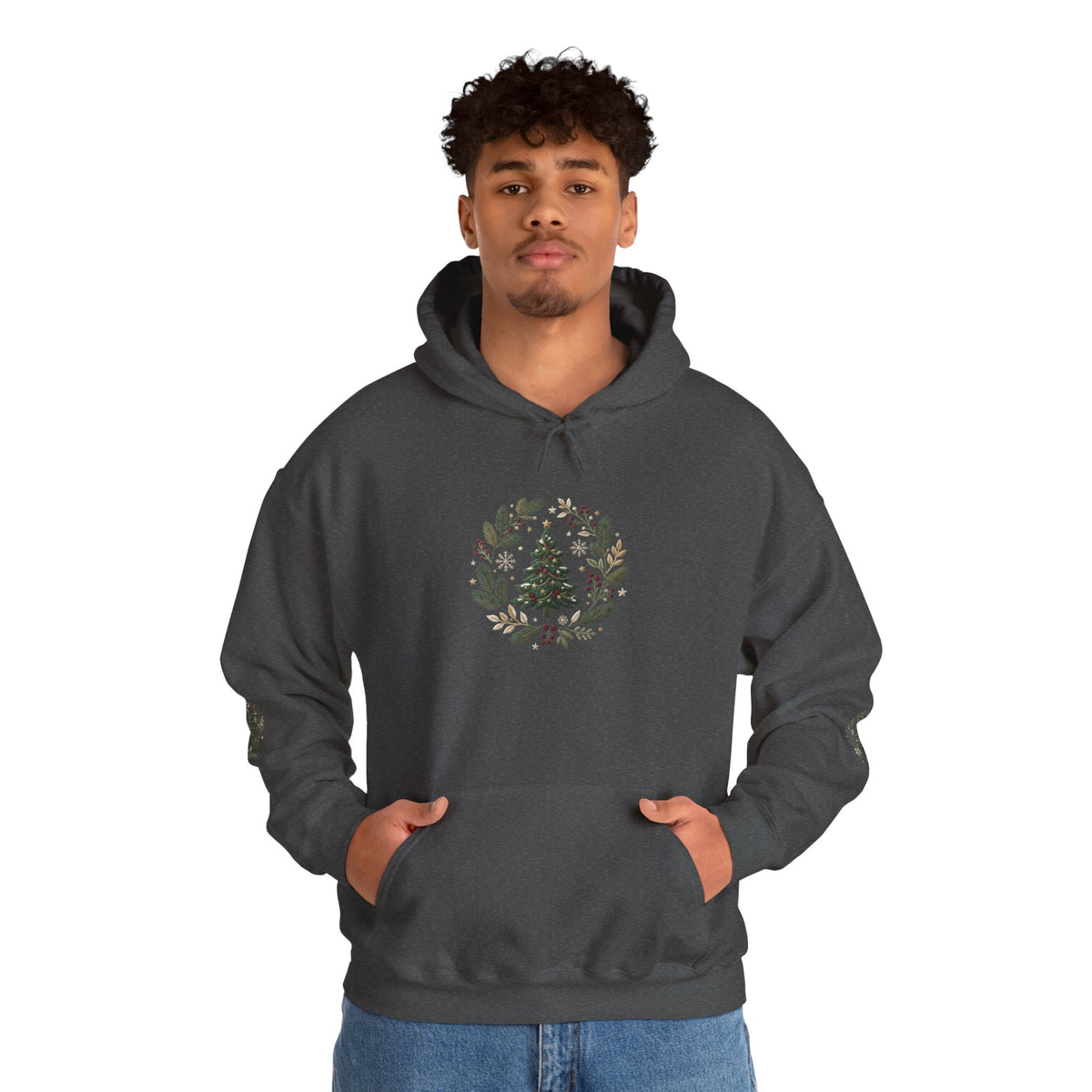 Christmas Tree Wreath Hoodie — Festive Botanical Sweatshirt, 50/50 Cotton-Poly, Unisex