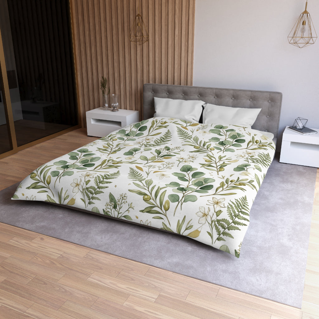 Botanical Eucalyptus Duvet Cover — Green Fern & Floral Microfiber Bedding