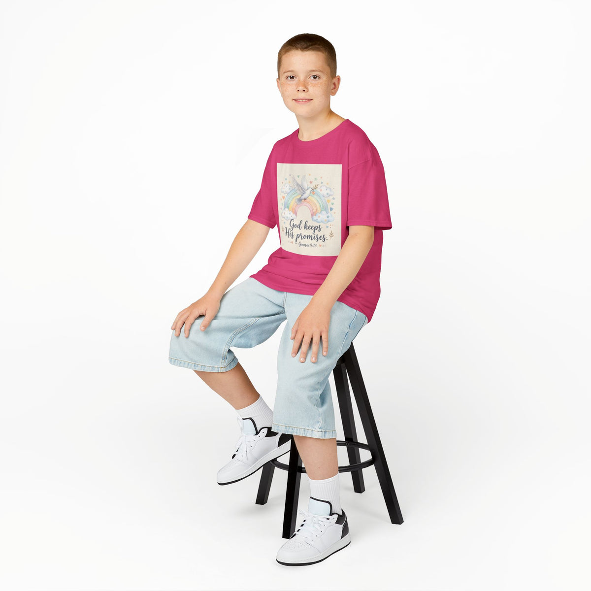 Christian Kids T-Shirt — "God Keeps His Promises" Rainbow Dove Tee | Psalm 145:13