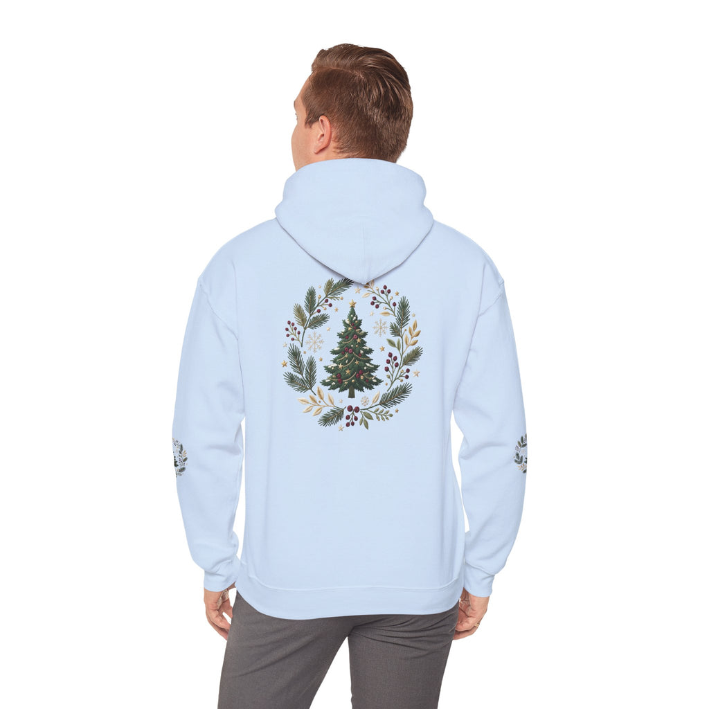 Christmas Tree Wreath Hoodie — Festive Botanical Sweatshirt, 50/50 Cotton-Poly, Unisex