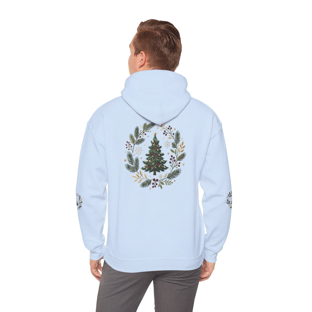 Christmas Tree Wreath Hoodie — Festive Botanical Sweatshirt, 50/50 Cotton-Poly, Unisex