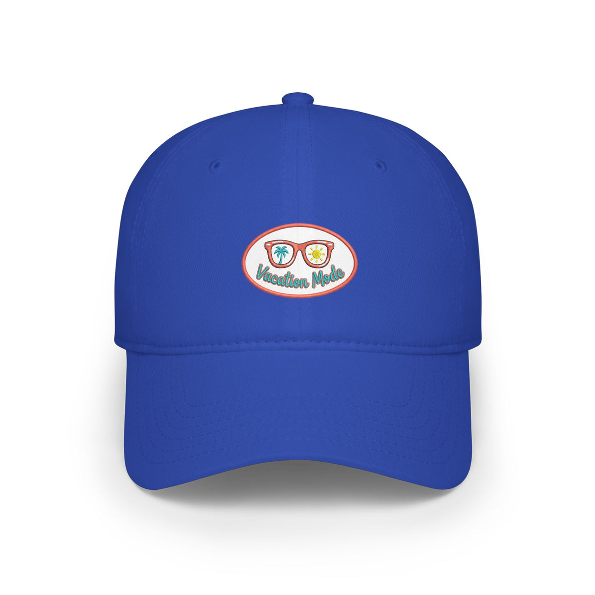 Red 'Vacation Mode' Low Profile Baseball Cap — Sunglasses Patch Dad Hat
