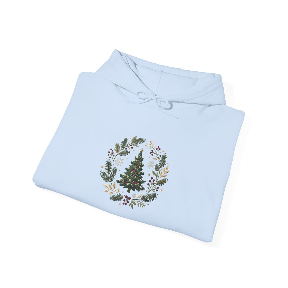 Christmas Tree Wreath Hoodie — Festive Botanical Sweatshirt, 50/50 Cotton-Poly, Unisex