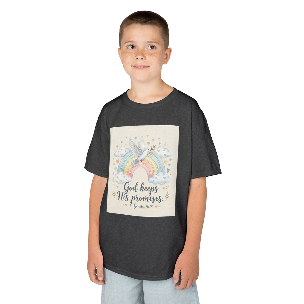 Christian Kids T-Shirt — "God Keeps His Promises" Rainbow Dove Tee | Psalm 145:13