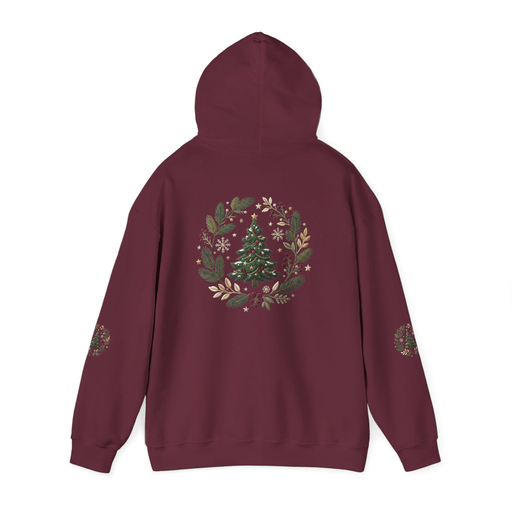 Christmas Tree Wreath Hoodie — Festive Botanical Sweatshirt, 50/50 Cotton-Poly, Unisex