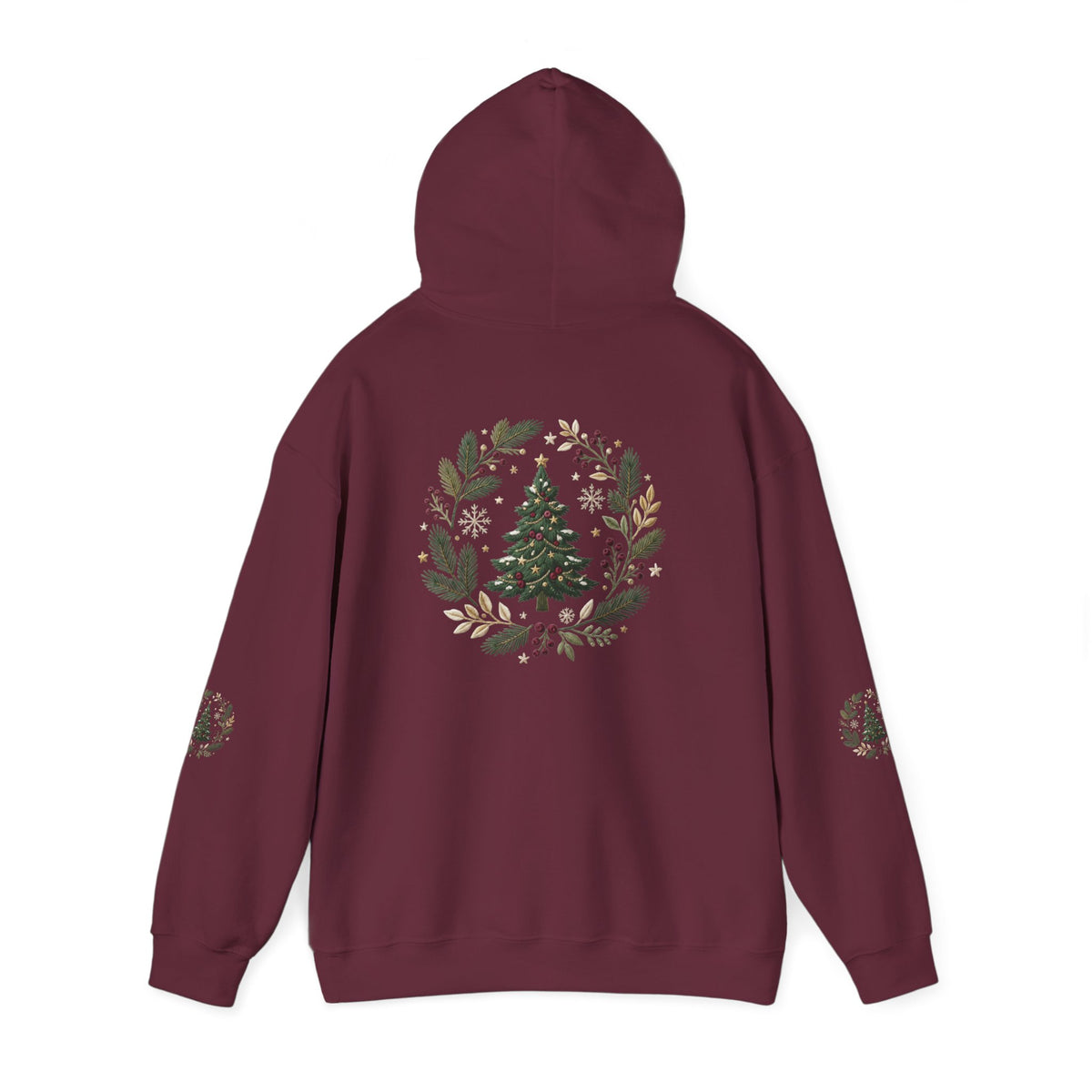 Christmas Tree Wreath Hoodie — Festive Botanical Sweatshirt, 50/50 Cotton-Poly, Unisex
