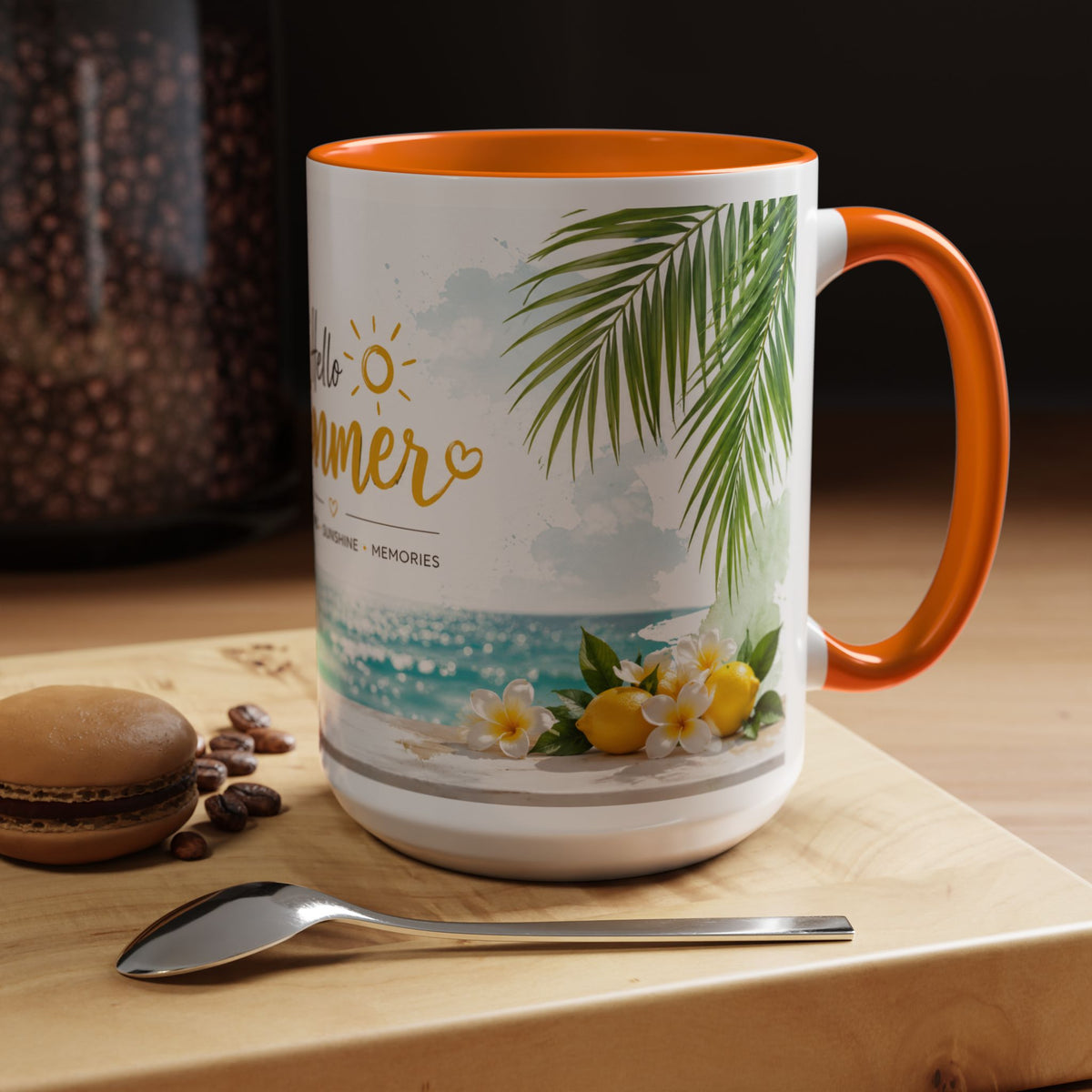 Hello Summer Accent Coffee Mug — Beach Vibes Lemon Palm Coastal Ceramic Mug (11/15oz)