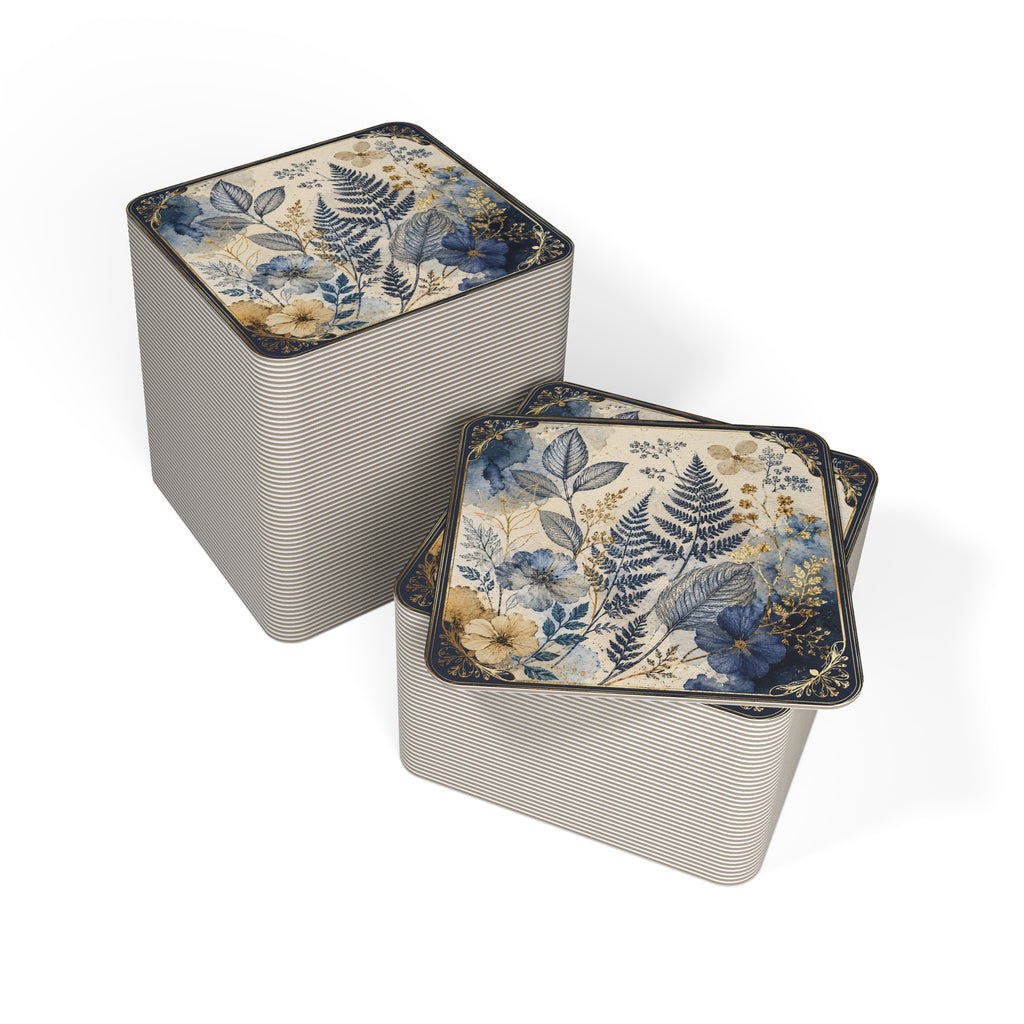 Floral Fern Coasters — Navy & Gold Botanical Drink Coasters (Set)