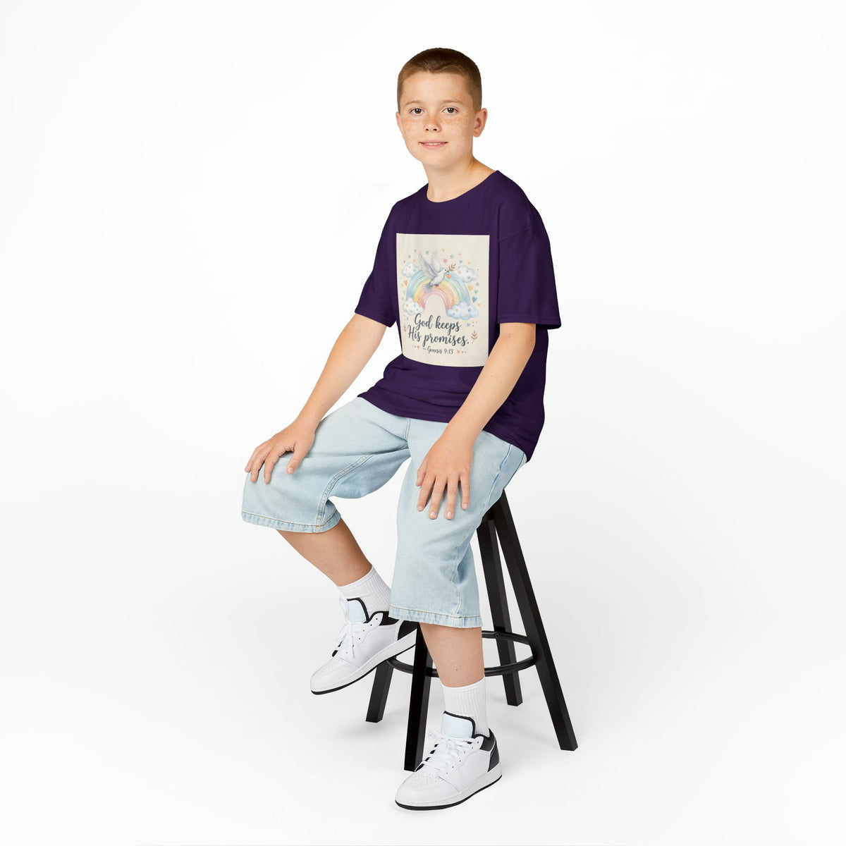 Christian Kids T-Shirt — "God Keeps His Promises" Rainbow Dove Tee | Psalm 145:13