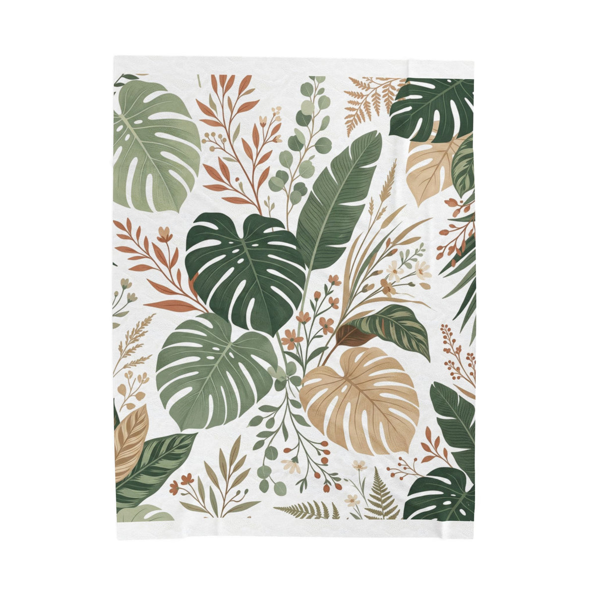 Botanical Monstera Velveteen Plush Blanket – Tropical Leaf Throw for Cozy Home Décor