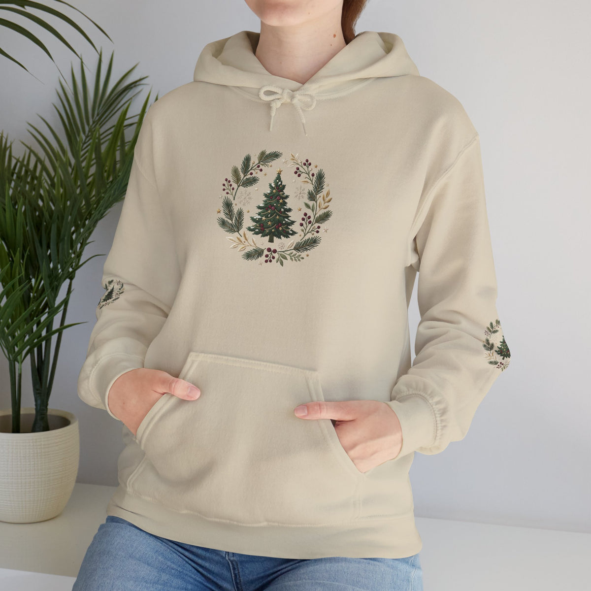 Christmas Tree Wreath Hoodie — Festive Botanical Sweatshirt, 50/50 Cotton-Poly, Unisex