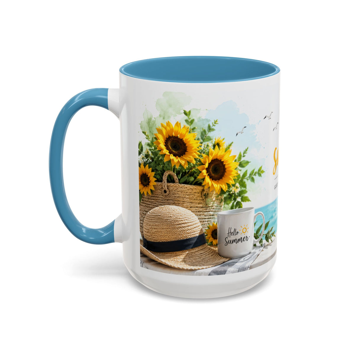 Hello Summer Accent Coffee Mug — Beach Vibes Lemon Palm Coastal Ceramic Mug (11/15oz)