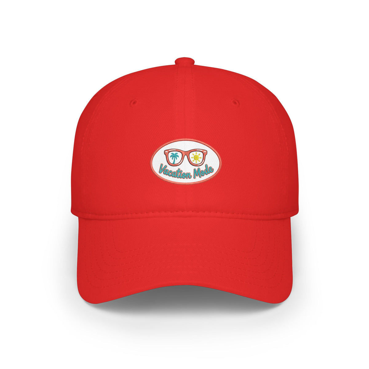 Red 'Vacation Mode' Low Profile Baseball Cap — Sunglasses Patch Dad Hat