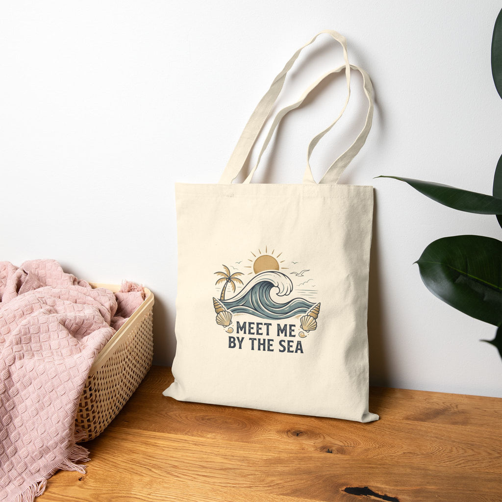 Meet Me By The Sea Cotton Tote Bag — Beach Wave Palm Eco Shopper