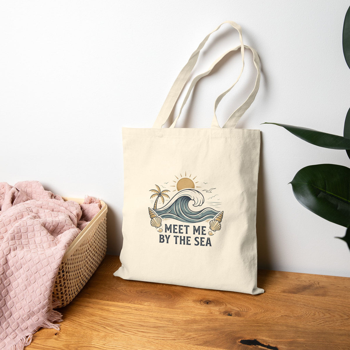 Meet Me By The Sea Cotton Tote Bag — Beach Wave Palm Eco Shopper