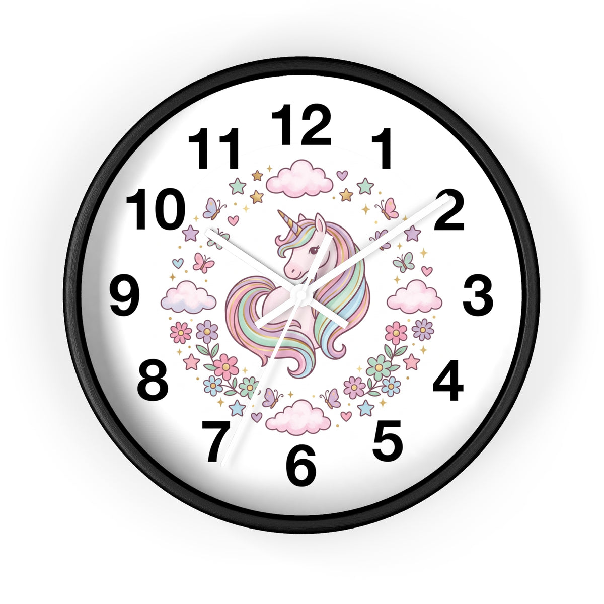 Unicorn Wall Clock — Pastel Rainbow Kids Room Clock with Clouds & Flowers