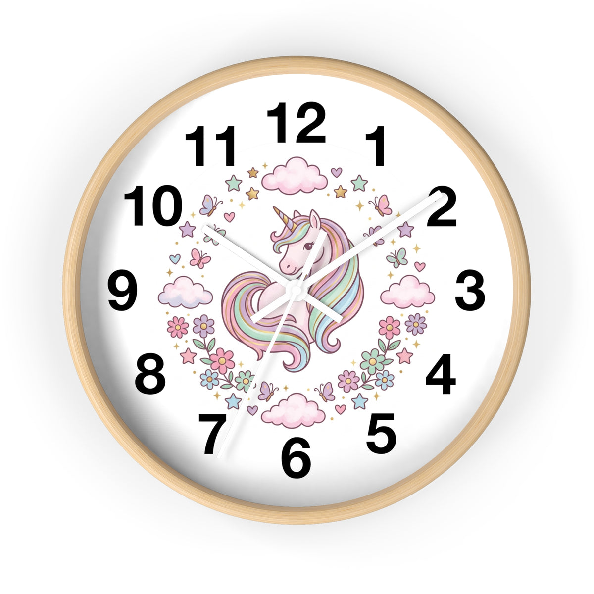 Unicorn Wall Clock — Pastel Rainbow Kids Room Clock with Clouds & Flowers