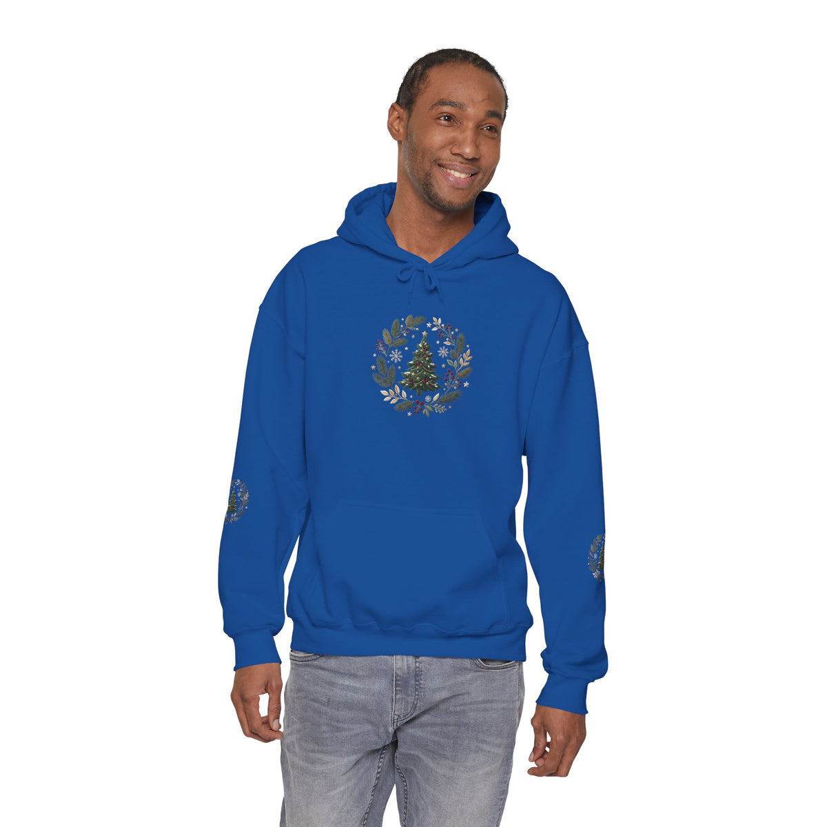 Christmas Tree Wreath Hoodie — Festive Botanical Sweatshirt, 50/50 Cotton-Poly, Unisex