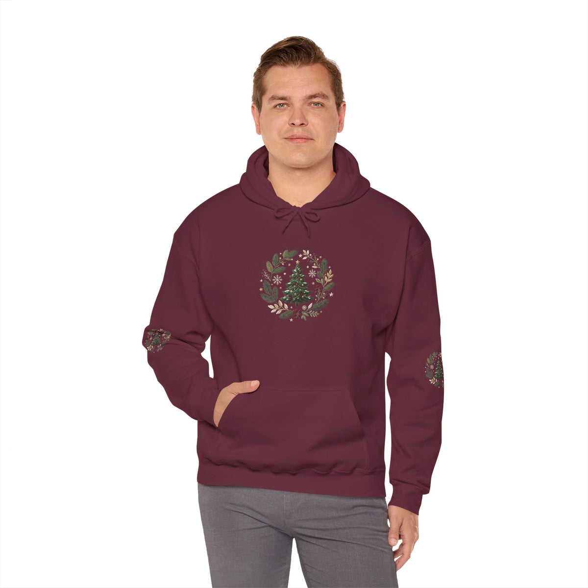 Christmas Tree Wreath Hoodie — Festive Botanical Sweatshirt, 50/50 Cotton-Poly, Unisex