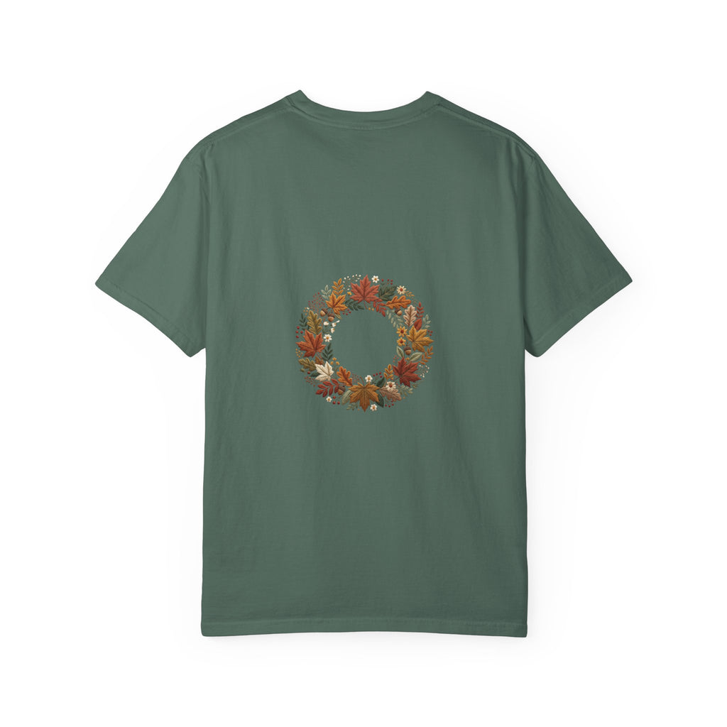 T-Shirt — Autumn Floral Wreath Tee (Fall Leaves Chest & Back Print)