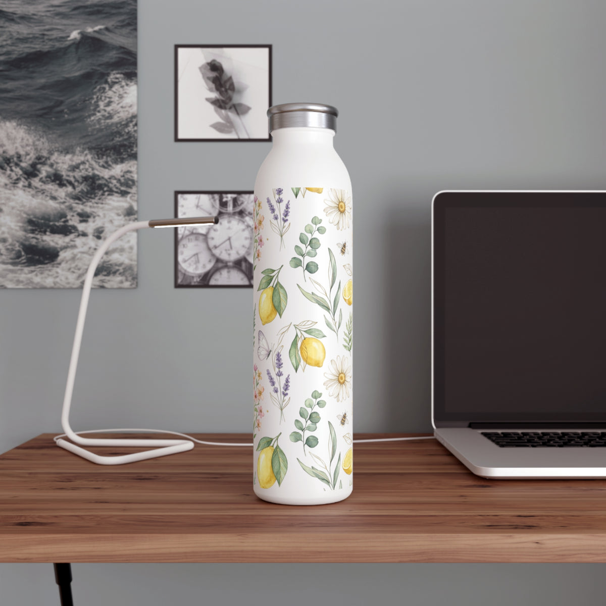 Slim Water Bottle - Lemon Floral Insulated Stainless Steel Bottle