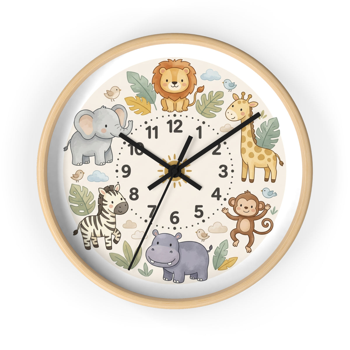 Safari Friends Nursery Wall Clock — Cute Jungle Animal Kids Clock