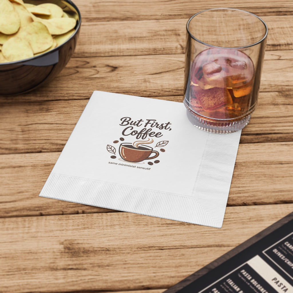 But First Coffee Napkins — Paper Cocktail Napkins with Coffee Cup Design
