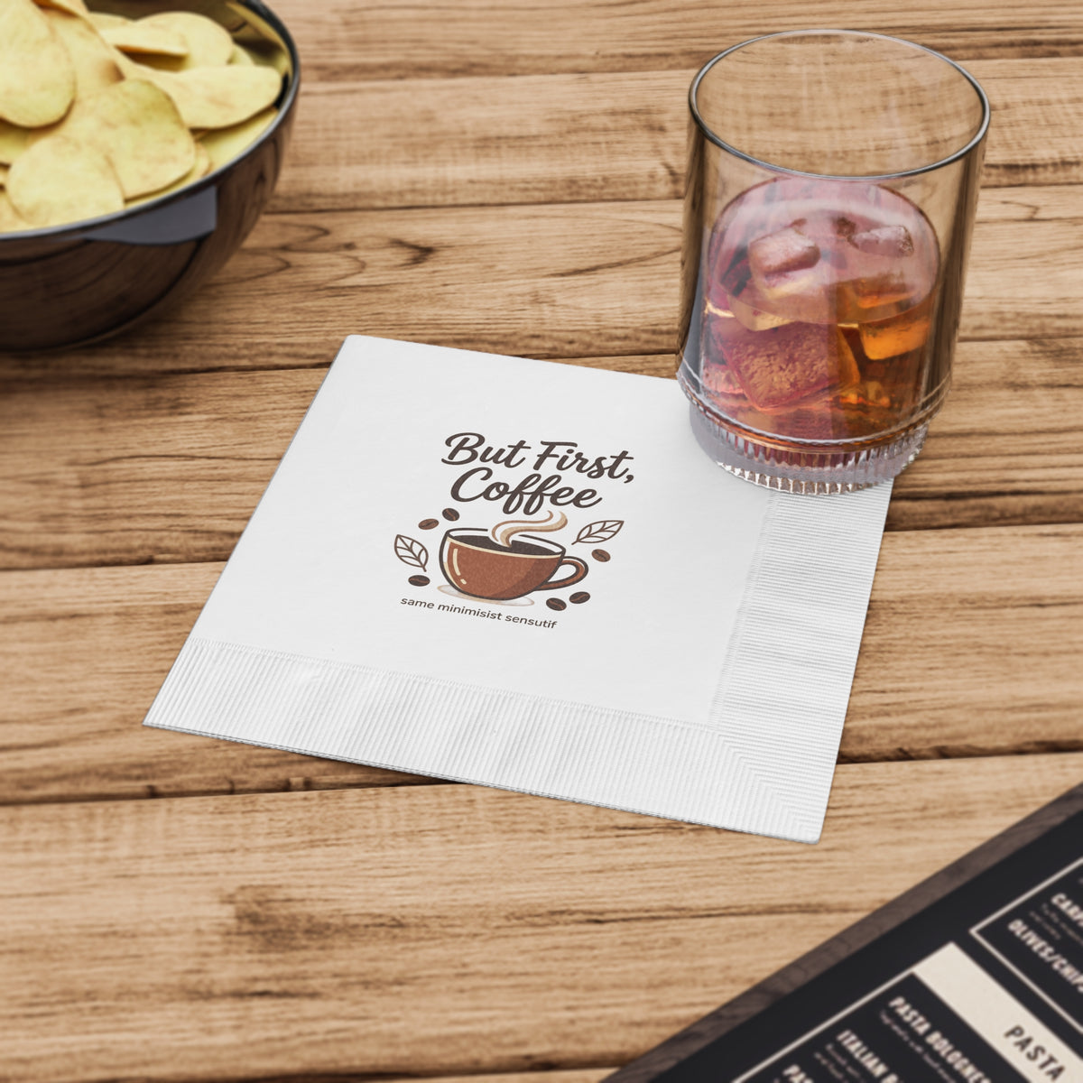 But First Coffee Napkins — Paper Cocktail Napkins with Coffee Cup Design