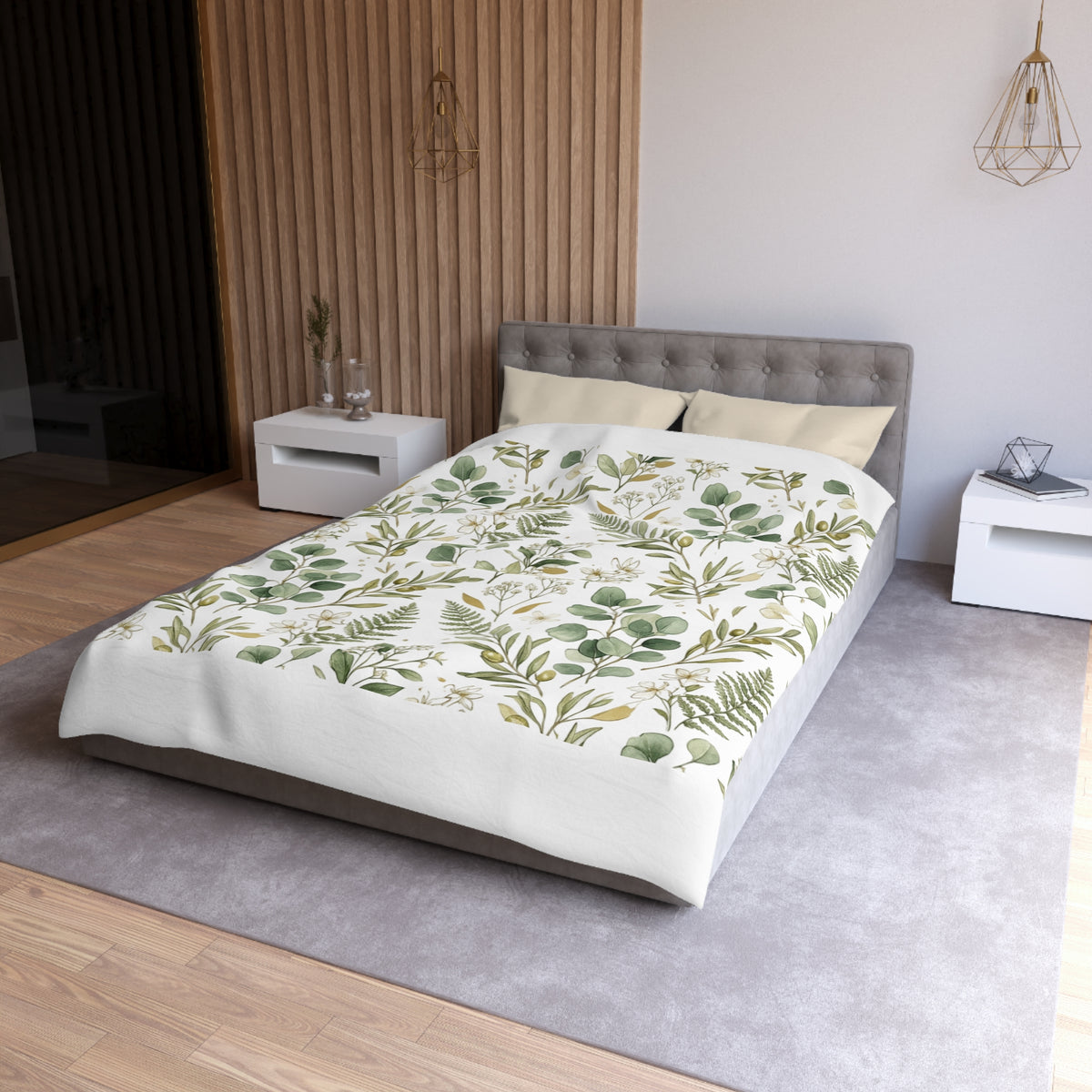 Botanical Eucalyptus Duvet Cover — Green Fern & Floral Microfiber Bedding