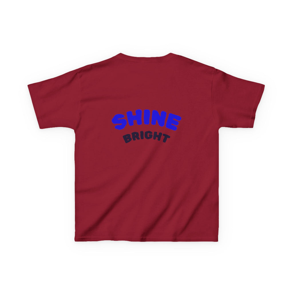 Kids Tee — "Be Kind, Be Cool" Dinosaur Graphic with "Shine Bright" Back