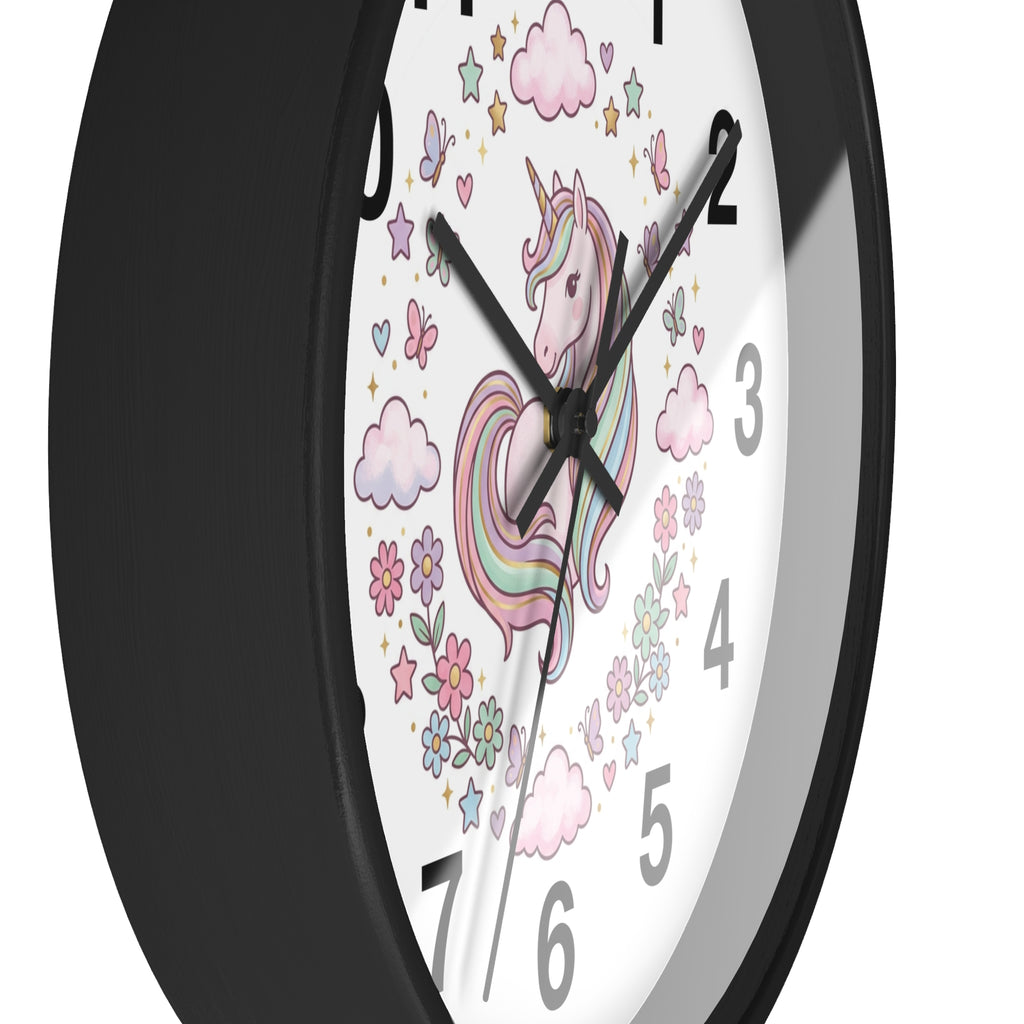 Unicorn Wall Clock — Pastel Rainbow Kids Room Clock with Clouds & Flowers