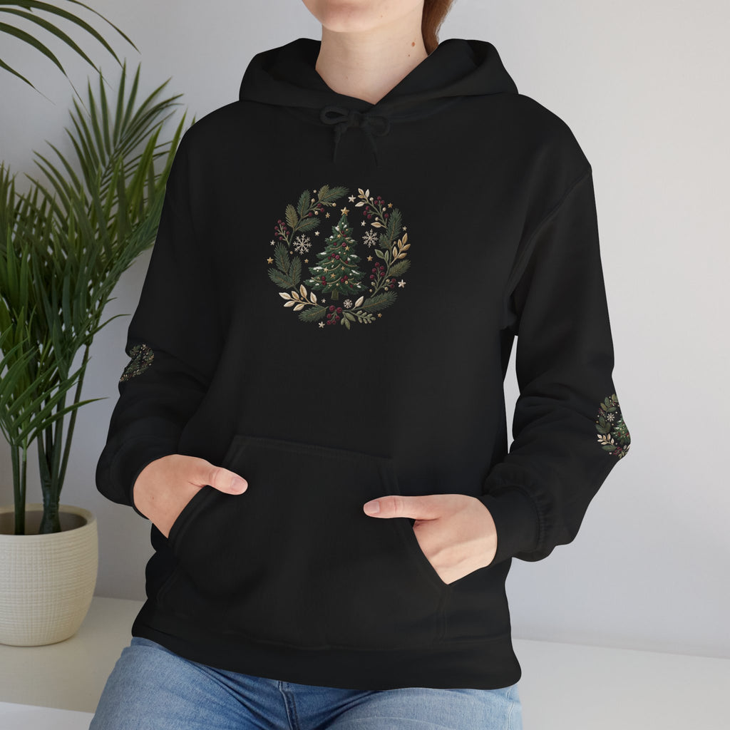 Christmas Tree Wreath Hoodie — Festive Botanical Sweatshirt, 50/50 Cotton-Poly, Unisex