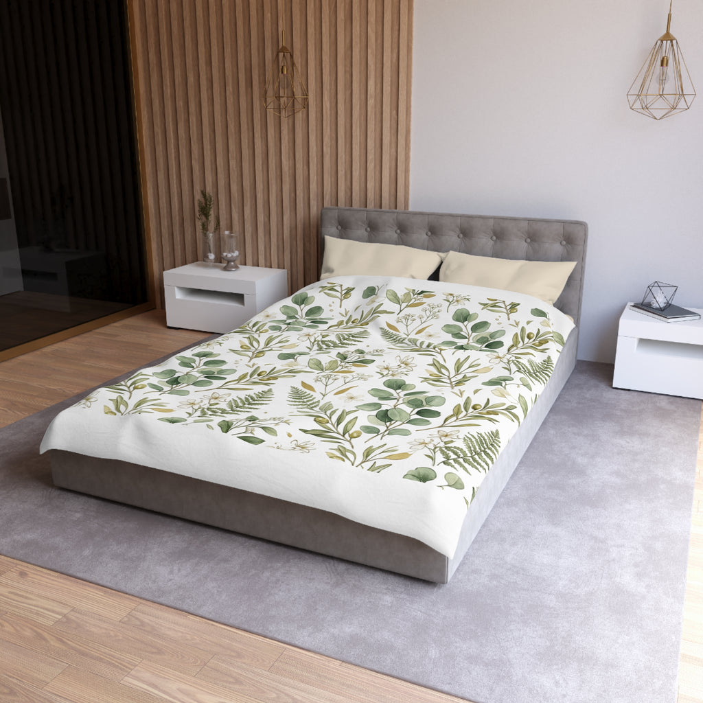 Botanical Eucalyptus Duvet Cover — Green Fern & Floral Microfiber Bedding