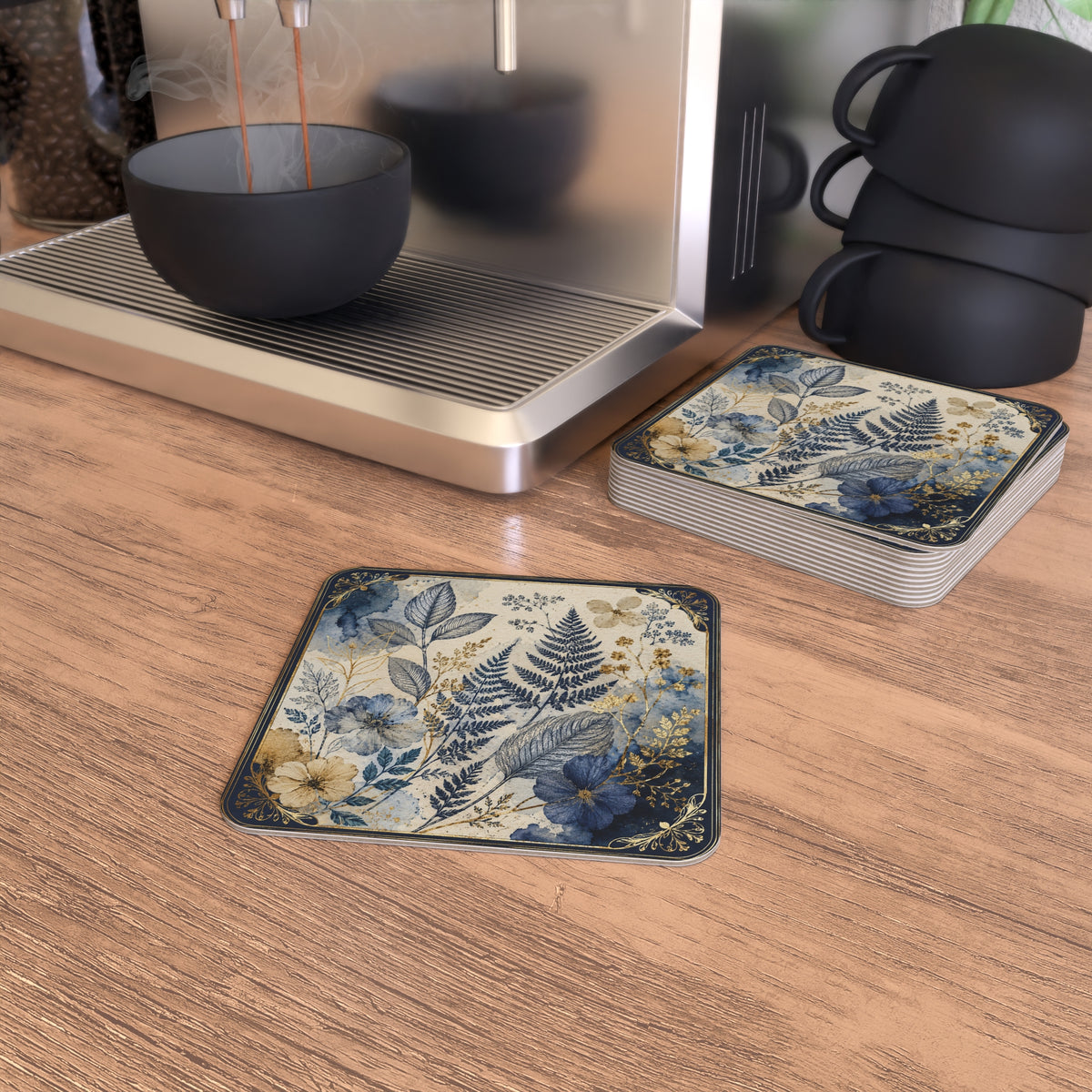 Floral Fern Coasters — Navy & Gold Botanical Drink Coasters (Set)