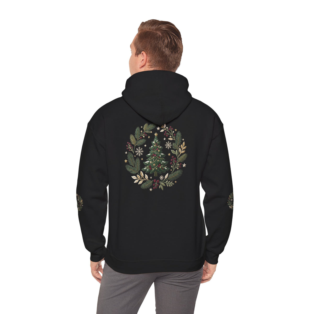 Christmas Tree Wreath Hoodie — Festive Botanical Sweatshirt, 50/50 Cotton-Poly, Unisex