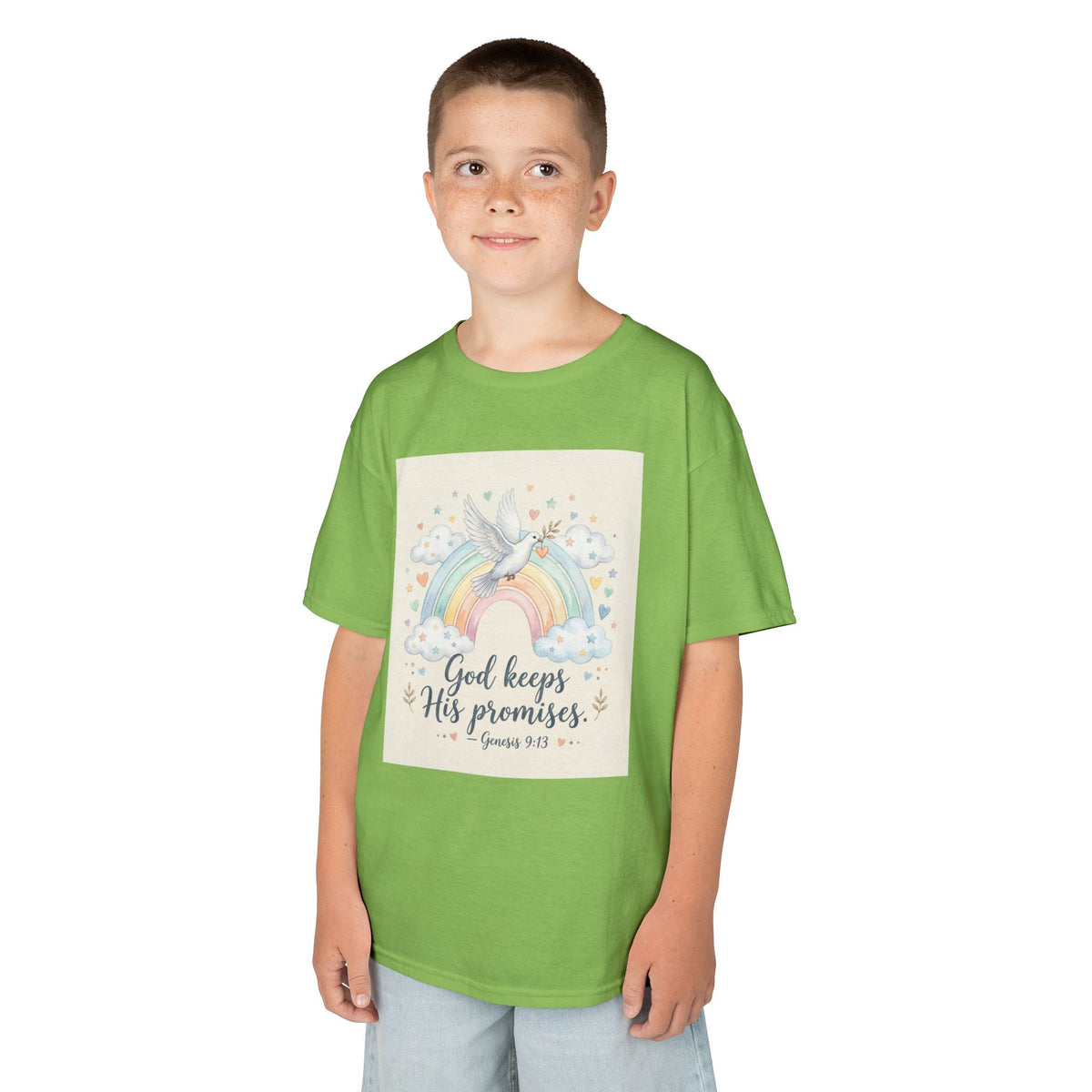 Christian Kids T-Shirt — "God Keeps His Promises" Rainbow Dove Tee | Psalm 145:13