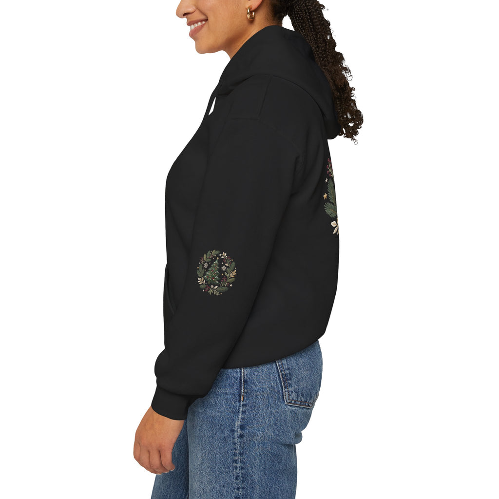 Christmas Tree Wreath Hoodie — Festive Botanical Sweatshirt, 50/50 Cotton-Poly, Unisex