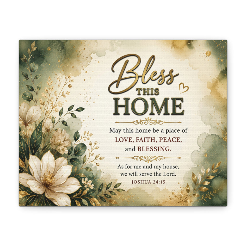 Bless This Home Canvas Wall Art — Floral Scripture Home Blessing (Joshua 24:15)