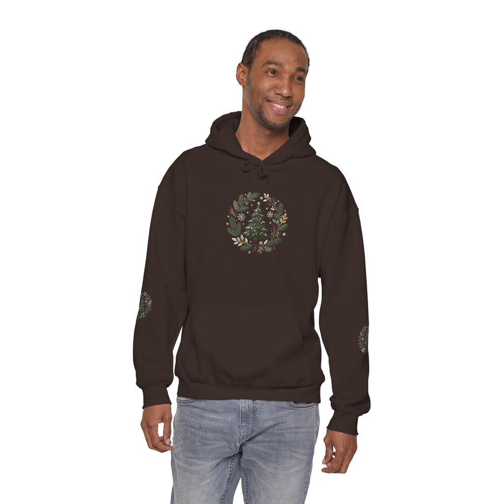Christmas Tree Wreath Hoodie — Festive Botanical Sweatshirt, 50/50 Cotton-Poly, Unisex