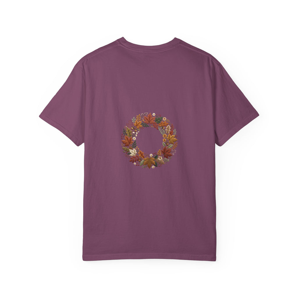 T-Shirt — Autumn Floral Wreath Tee (Fall Leaves Chest & Back Print)