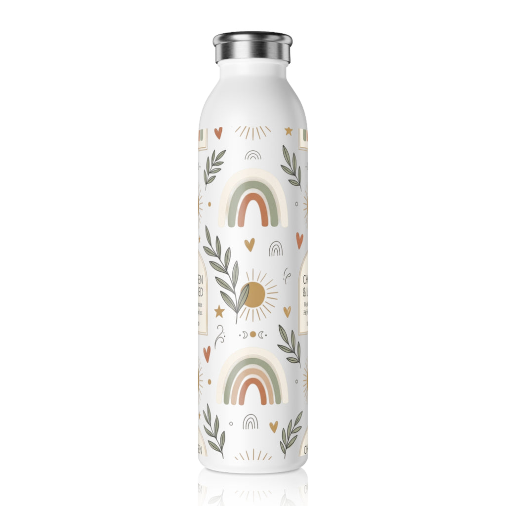 Slim Water Bottle — “Chosen & Loved” Inspirational Stainless Bottle with Rainbows & Sun Motif