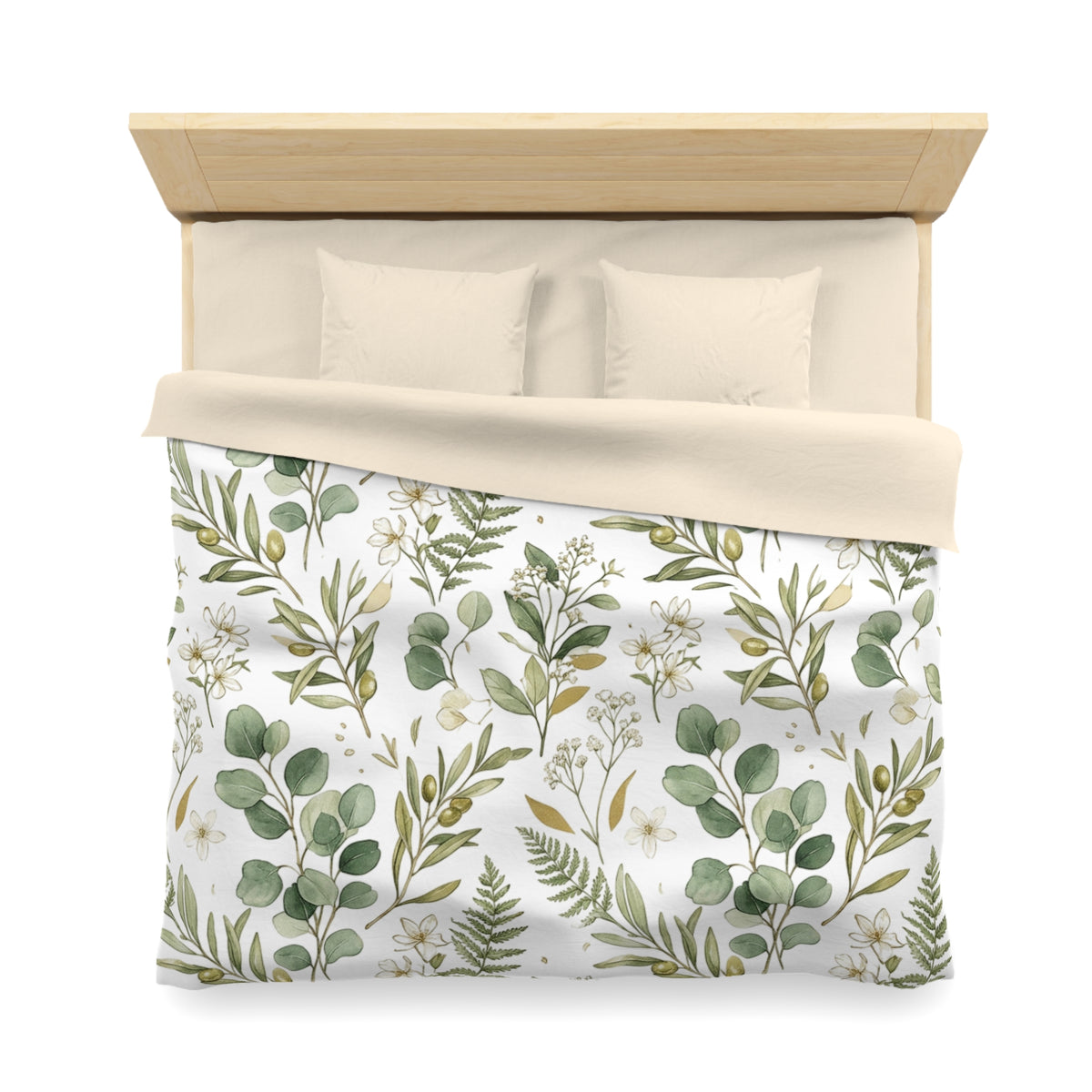 Botanical Eucalyptus Duvet Cover — Green Fern & Floral Microfiber Bedding