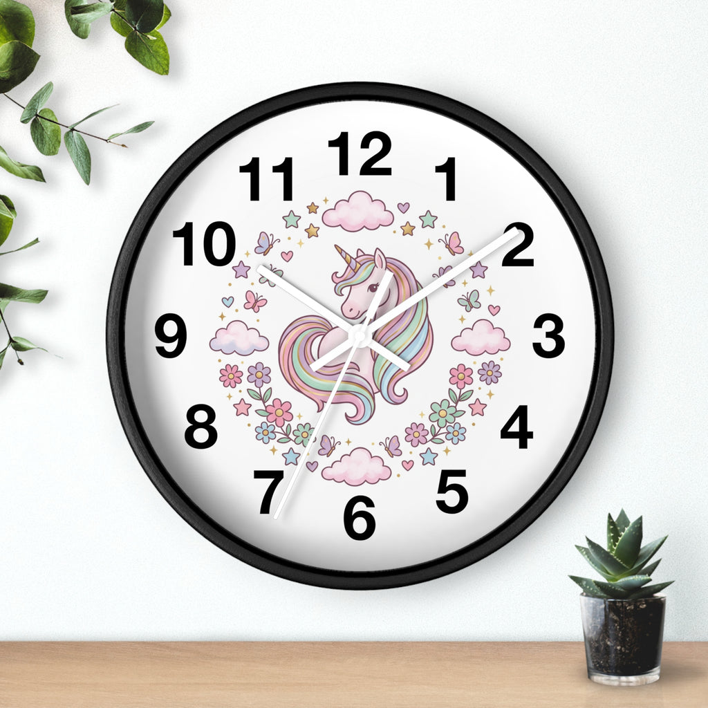 Unicorn Wall Clock — Pastel Rainbow Kids Room Clock with Clouds & Flowers