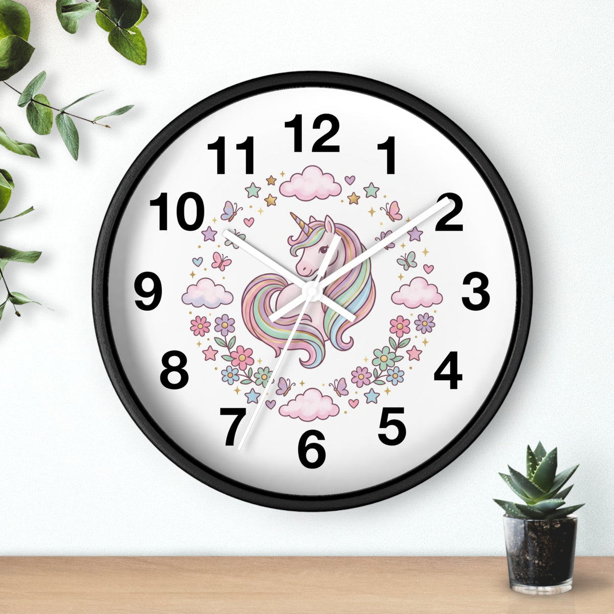 Unicorn Wall Clock — Pastel Rainbow Kids Room Clock with Clouds & Flowers