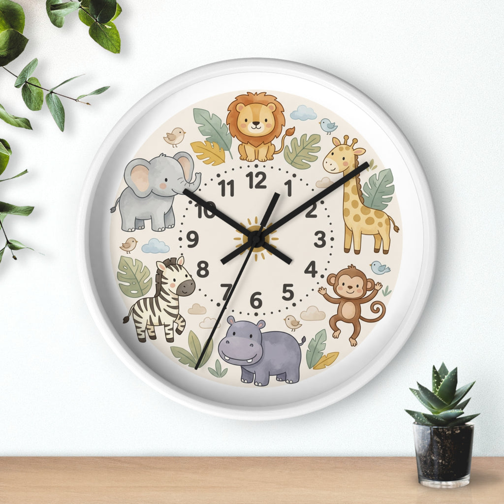 Safari Friends Nursery Wall Clock — Cute Jungle Animal Kids Clock