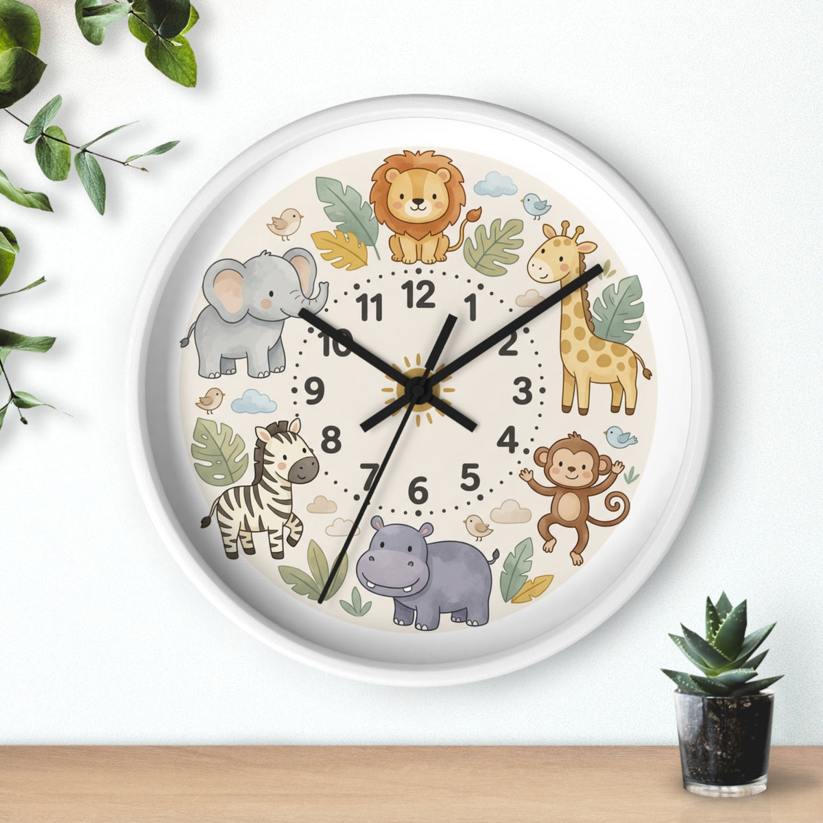 Safari Friends Nursery Wall Clock — Cute Jungle Animal Kids Clock