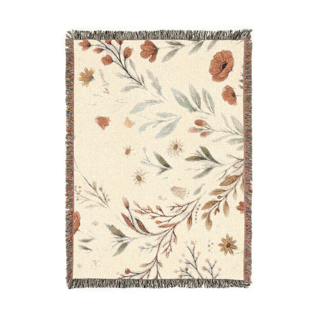 Floral Woven Blanket — Vintage Botanical Throw with Fringe