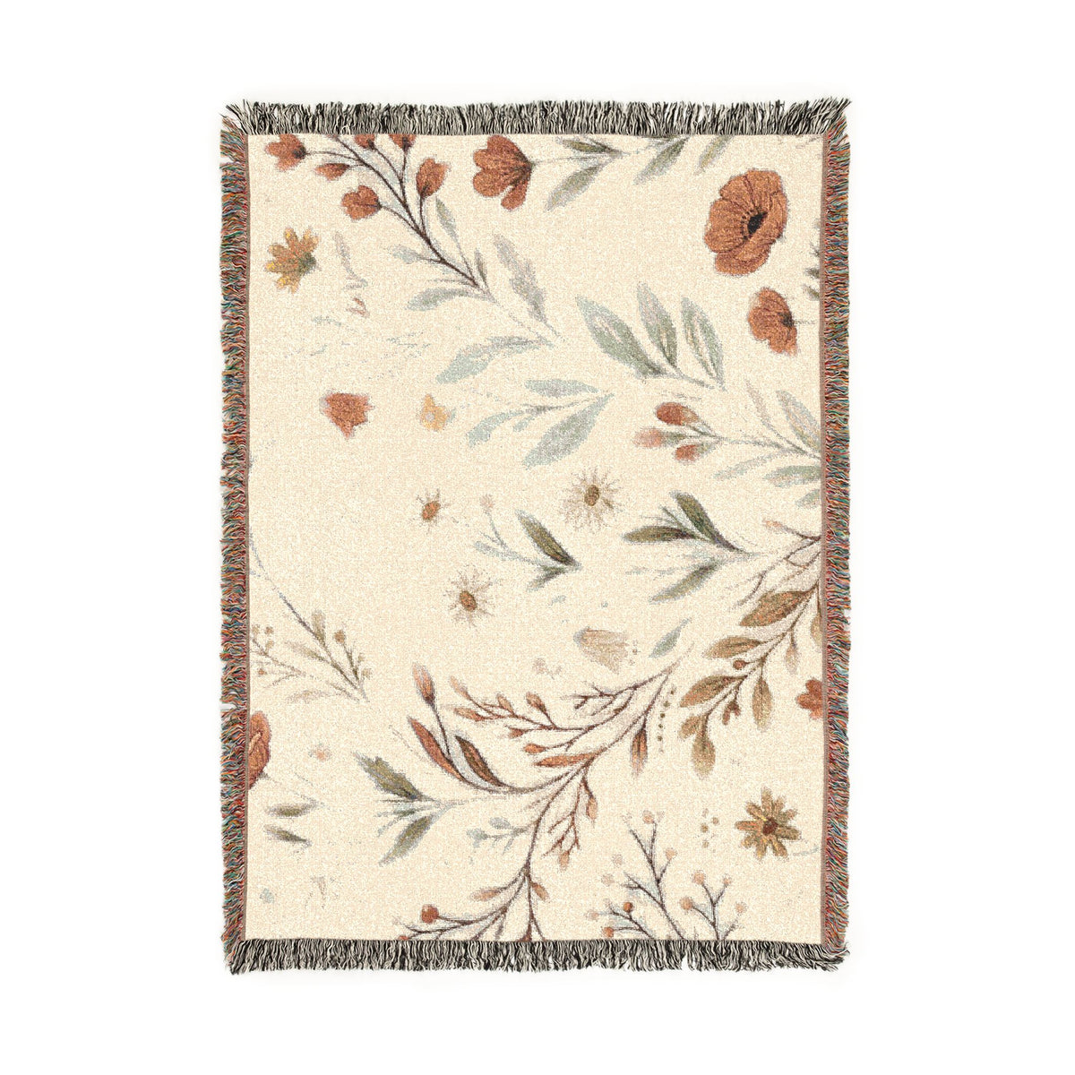 Floral Woven Blanket — Vintage Botanical Throw with Fringe