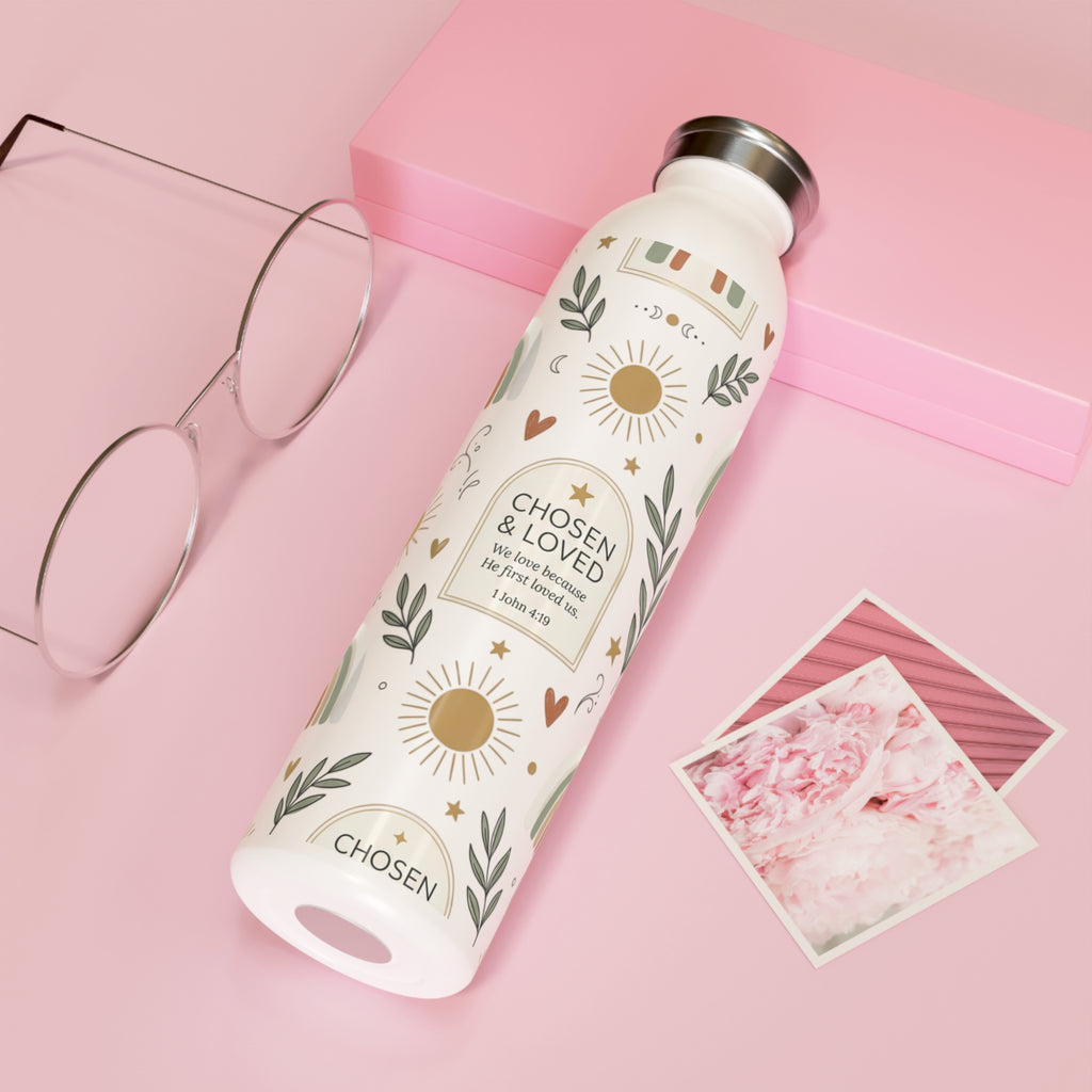 Slim Water Bottle — “Chosen & Loved” Inspirational Stainless Bottle with Rainbows & Sun Motif